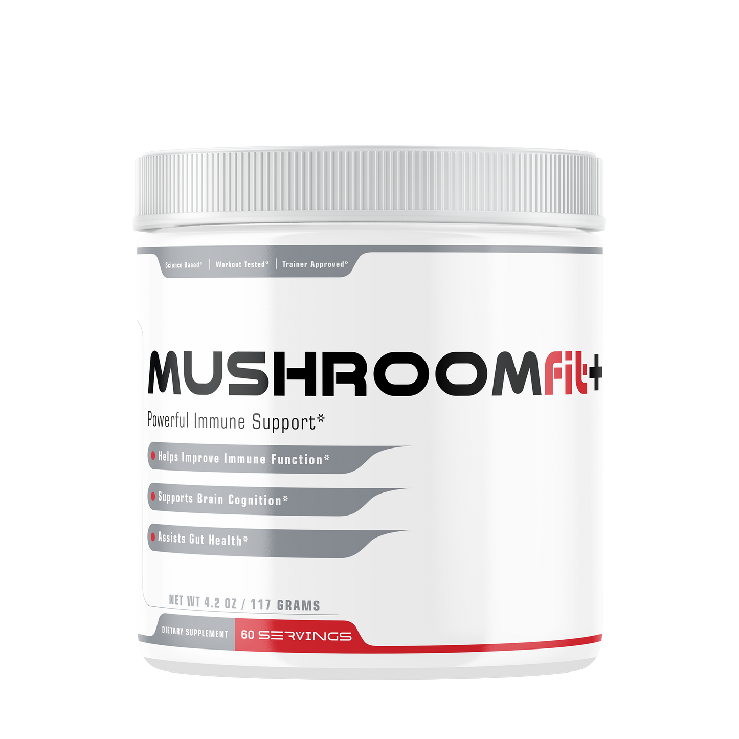 A white bottle of adaptogenic mushroom powder by Fit2Win.