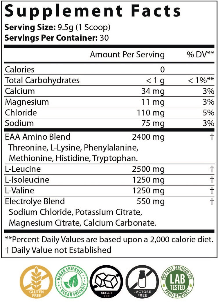 Supplement facts label with nutritional information and certification logos.