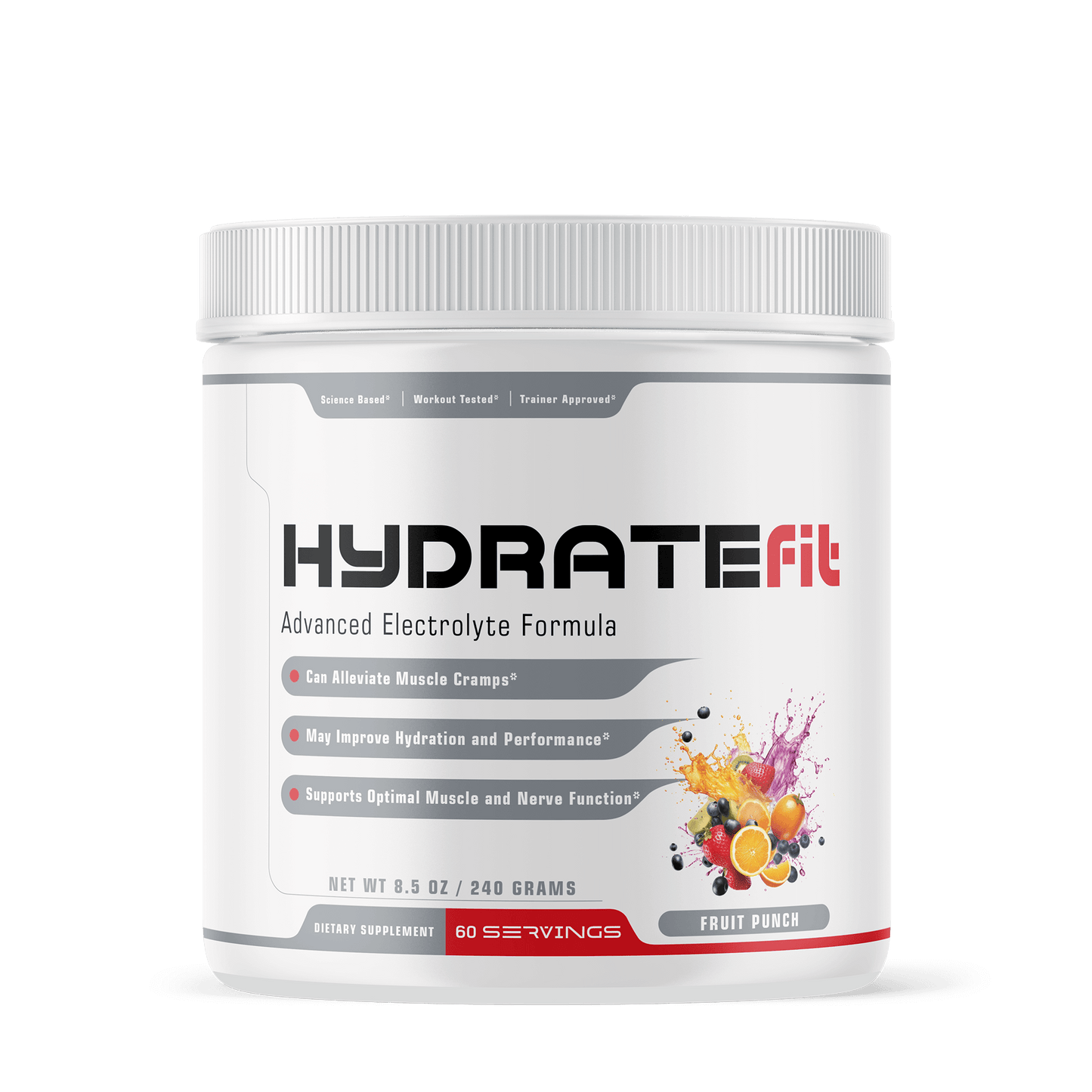 Advanced Electrolyte Formula in a white bottle with bold text and benefits listed on package. 