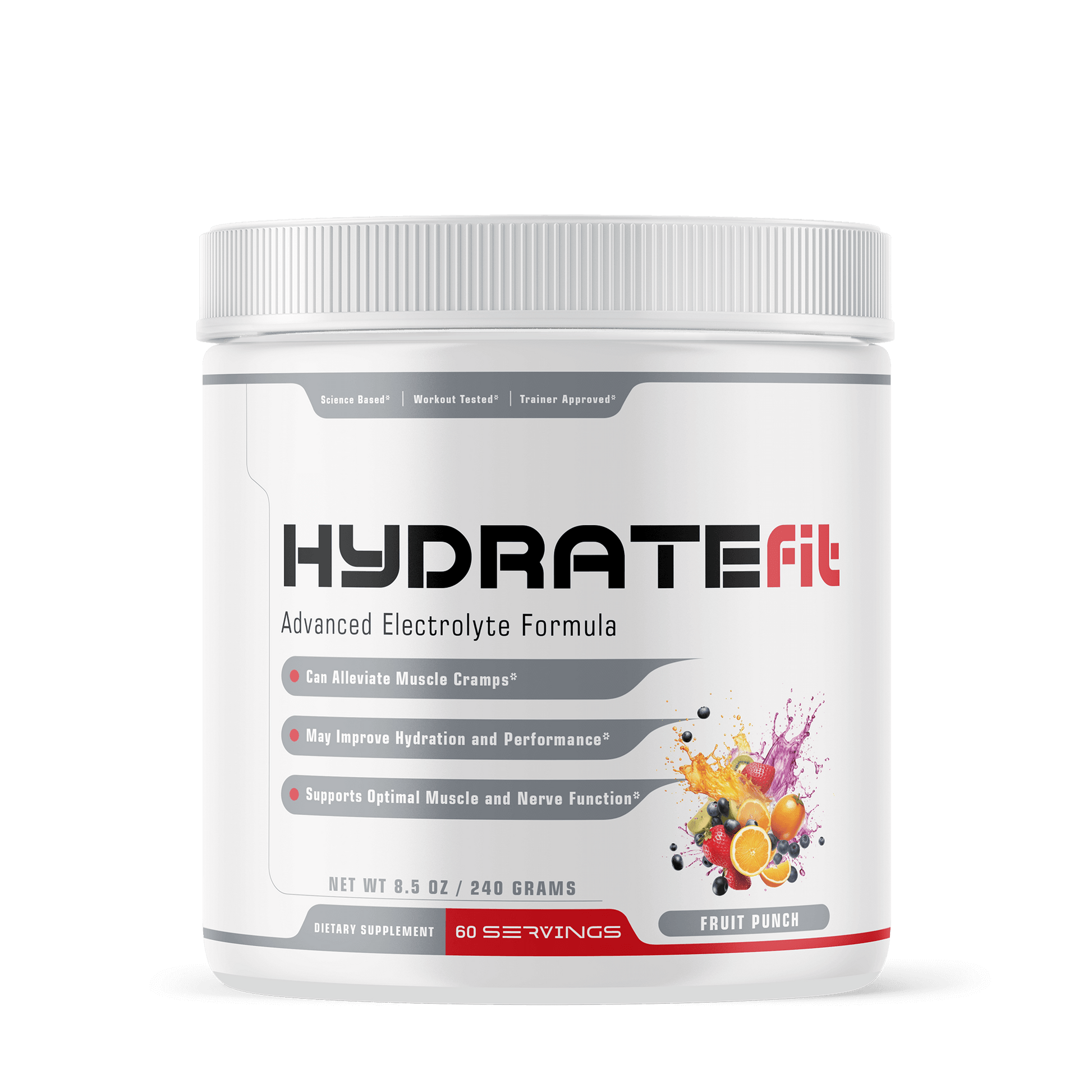 Advanced Electrolyte Formula in a white bottle with bold text and benefits listed on package. 