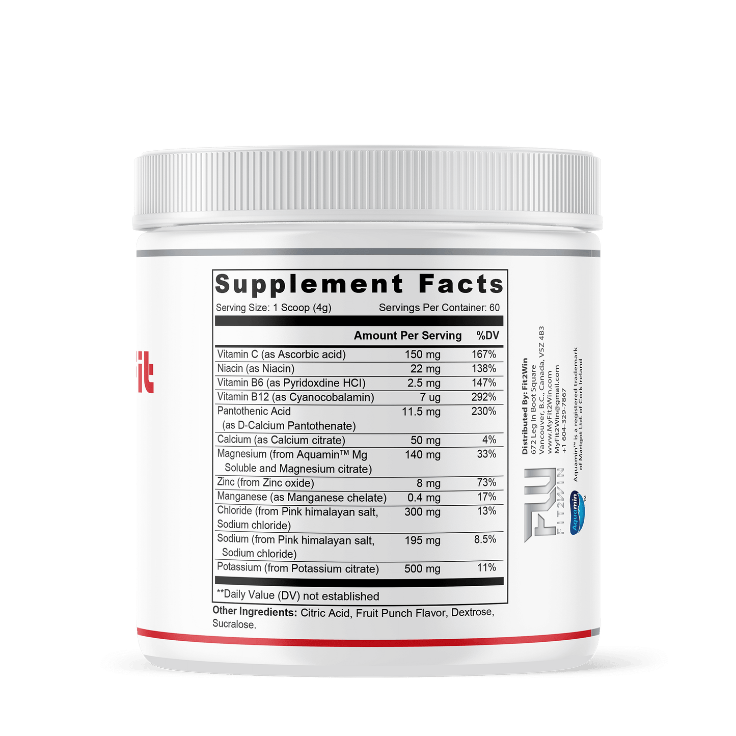 Hydrating electrolyte powder supplement facts label with nutritional information and certification logos.