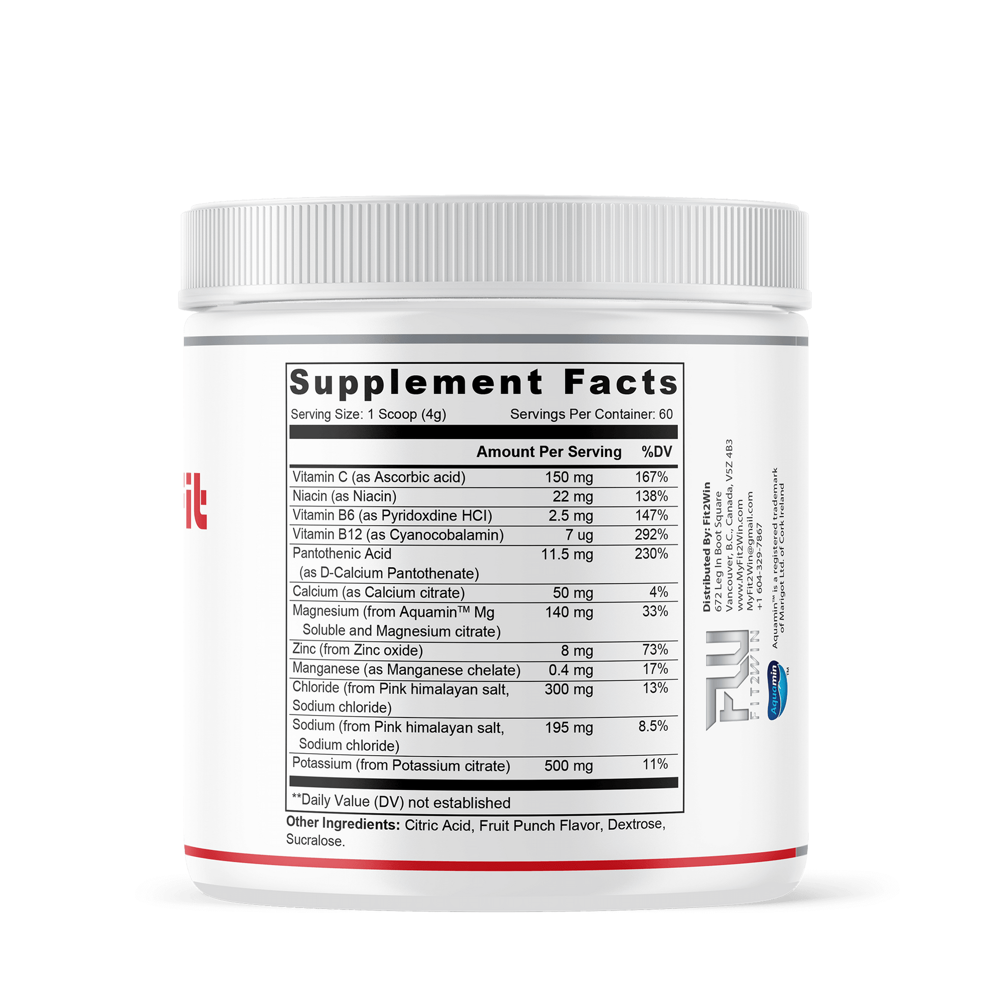 Hydrating electrolyte powder supplement facts label with nutritional information and certification logos.