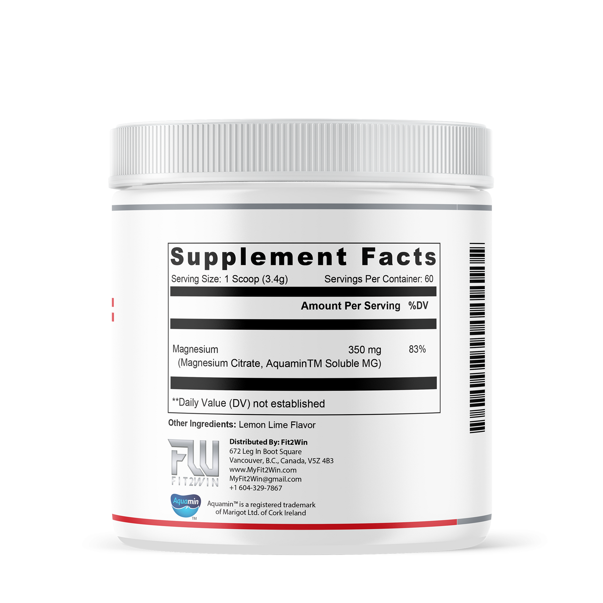 Magnesium powder supplement facts label with nutritional information and certification logos.