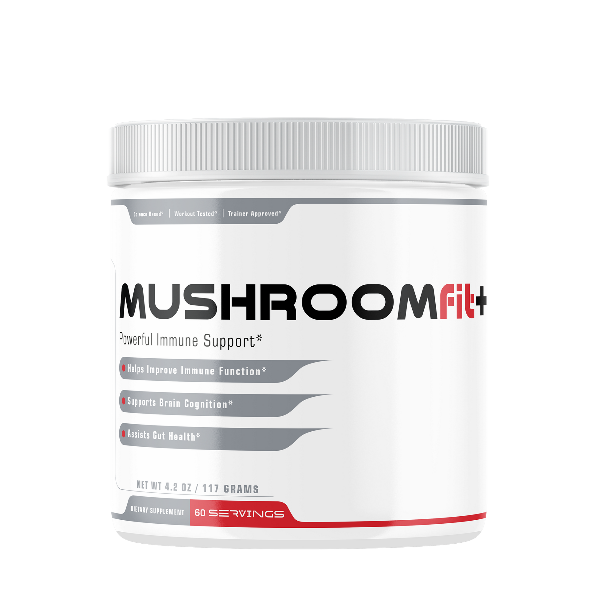 A white bottle of adaptogenic mushroom powder by Fit2Win.