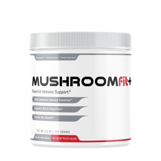 A white bottle of adaptogenic mushroom powder by Fit2Win.
