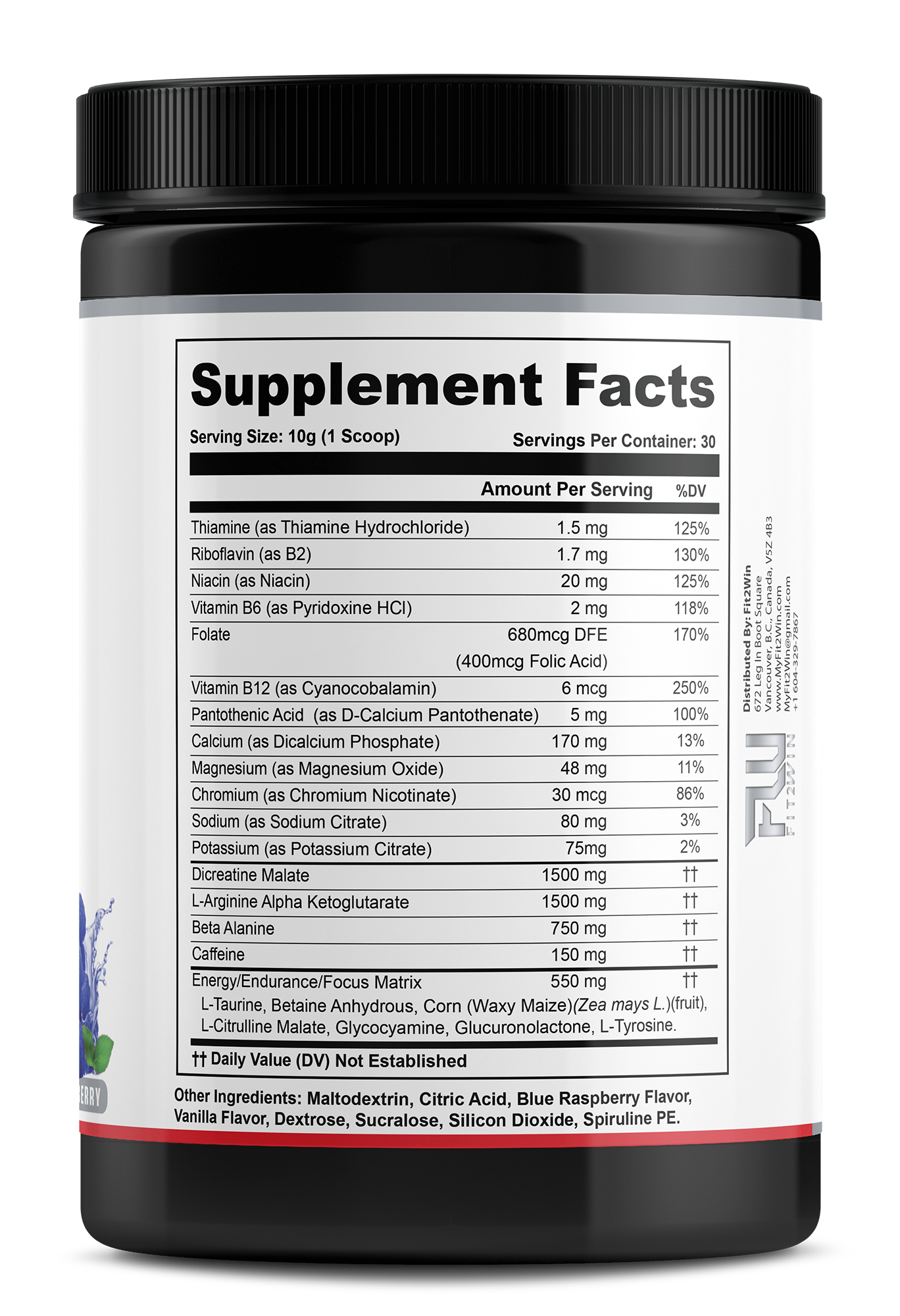 GOfit pre-workout supplement facts label with nutritional information and certification logos.