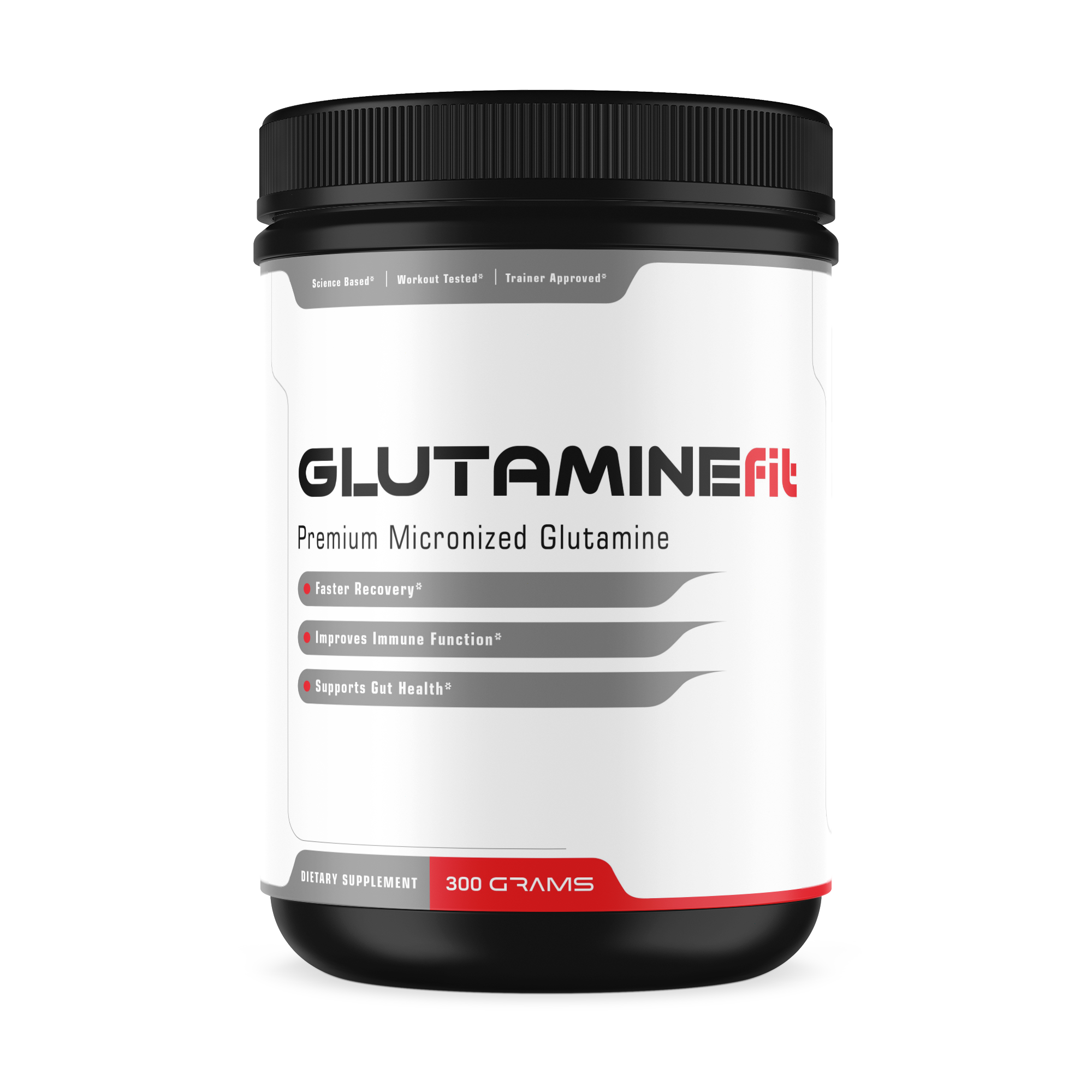 Glutamine powder in a black bottle with bold writing and benefits listed on front. 