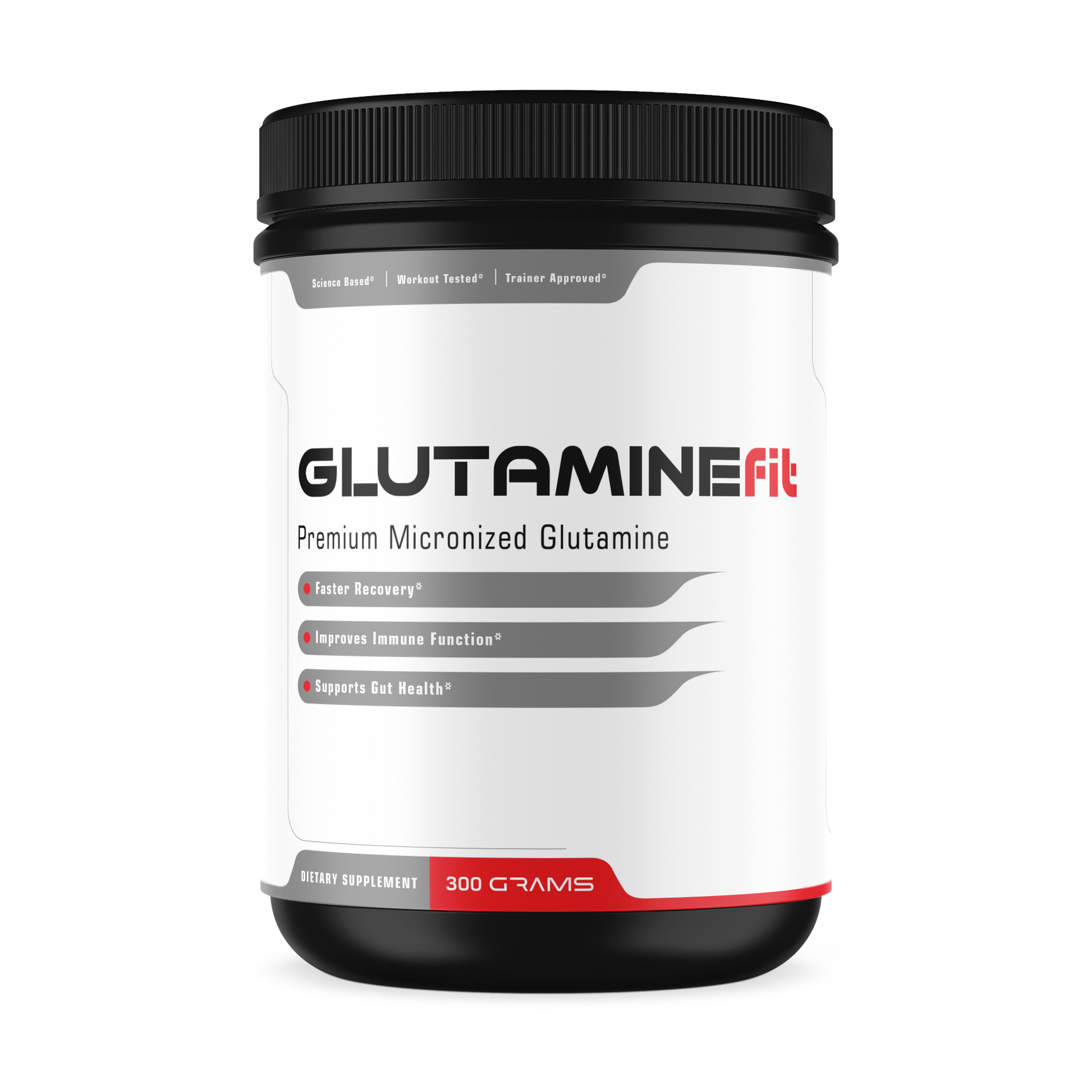 Glutamine powder in a black bottle with bold writing and benefits listed on front. 