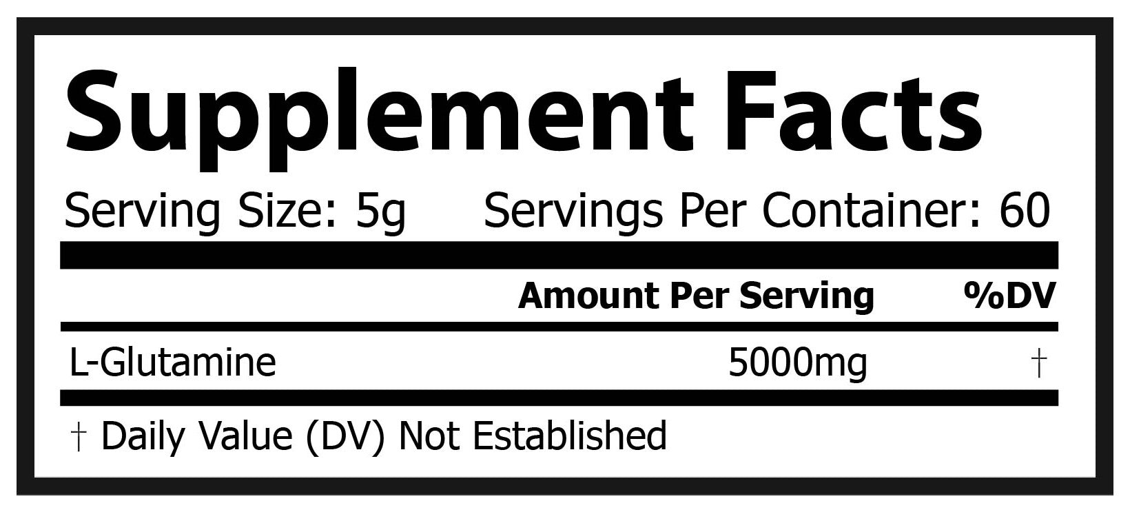 Glutamine supplement facts label with nutritional information and certification logos.