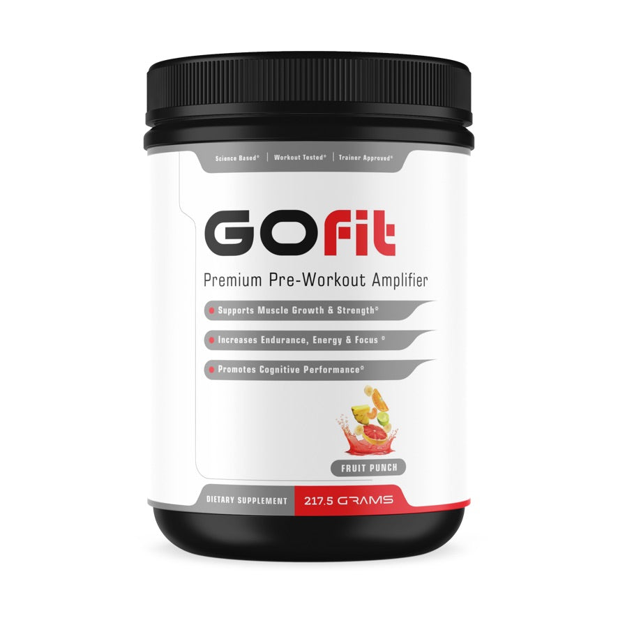 A container of GOfit pre-workout in Fruit Punch flavor, with the product label displaying benefits such as increased energy, focus, and muscle growth.