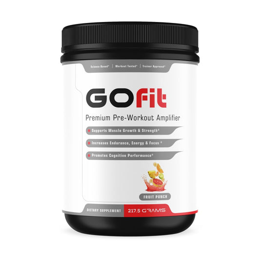 A container of GOfit pre-workout in Fruit Punch flavor, with the product label displaying benefits such as increased energy, focus, and muscle growth.