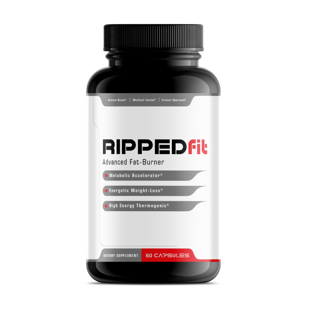 A bottle of RIPPEDfit advanced fat-burner supplement with 60 capsules, labeled for energy and focus support.