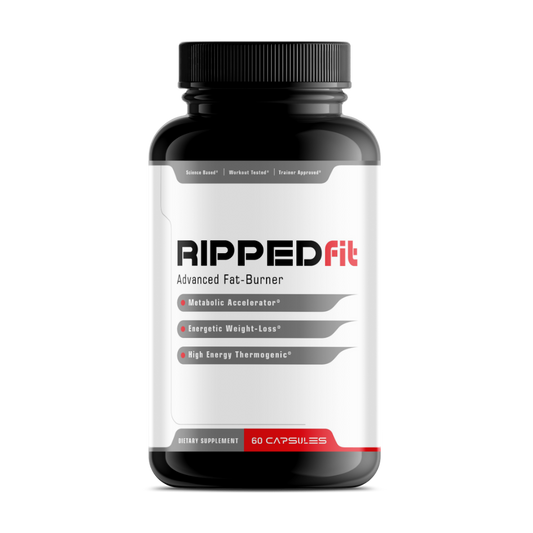 A bottle of RIPPEDfit advanced fat-burner supplement with 60 capsules, labeled for energy and focus support.