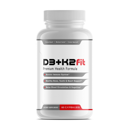 A white bottle of D3 and K vitamins by Fit2Win.
